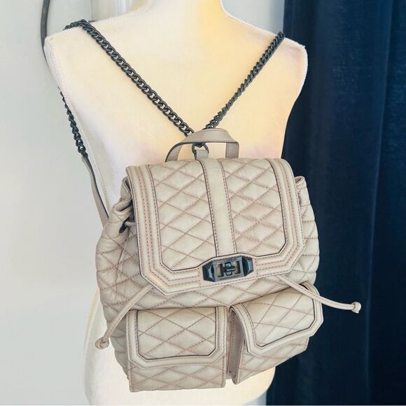 REBECCA MINKOFF QUILTED LOVE LEATHER BACKPACK PURSE,‎ Tan/Gray, Luxury main image 3